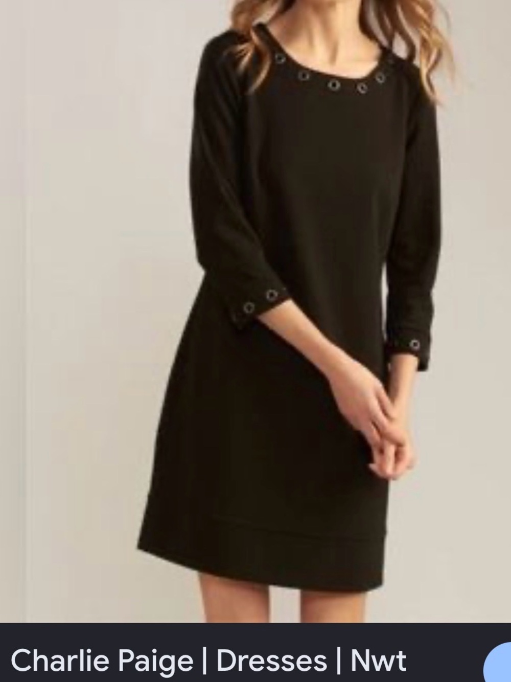 NWT Charlie Paige Black Grommet Detail 3/4 Sleeve Shift Dress Size Small